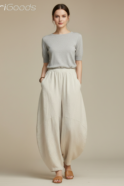 Pantalon Chinois Beige Lin Ample Sarouel Confortable Femme