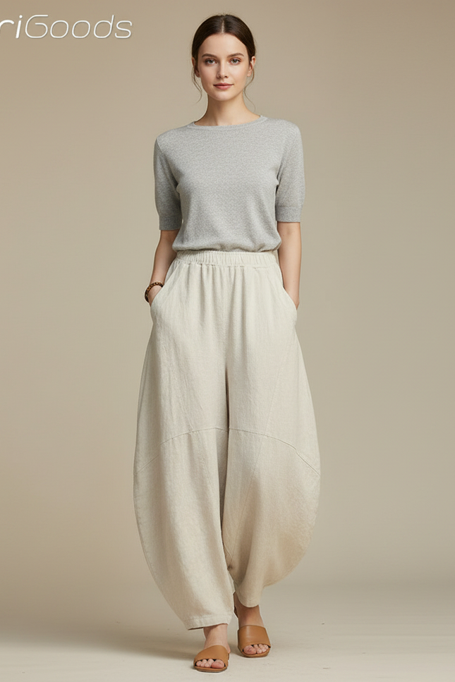 Pantalon Chinois Beige Lin Ample Sarouel Confortable Femme