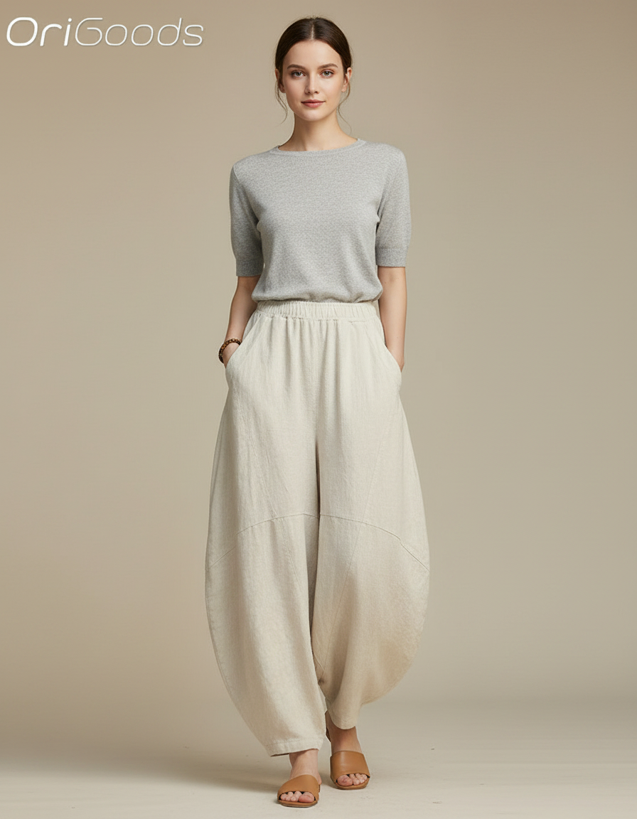 Pantalon Chinois Beige Lin Ample Sarouel Confortable Femme