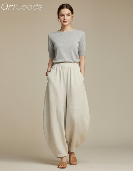 Pantalon Chinois Beige Lin Ample Sarouel Confortable Femme