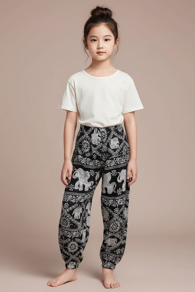 Pantalon Chinois Noir Blanc Imprimé Éléphant Ample Fille - Viscose