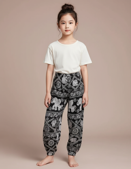 Pantalon Chinois Noir Blanc Imprimé Éléphant Ample Fille - Viscose