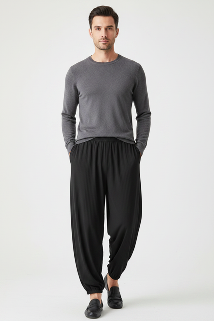 Pantalon Chinois Noir Ample Plissé Confortable Homme - Viscose
