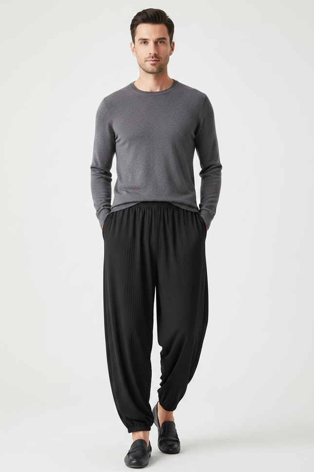 Pantalon Chinois Noir Ample Plissé Confortable Homme - Viscose