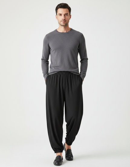 Pantalon Chinois Noir Ample Plissé Confortable Homme - Viscose