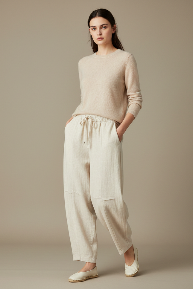 Pantalon Chinois Écru Ample Lin Coton Femme - Beige