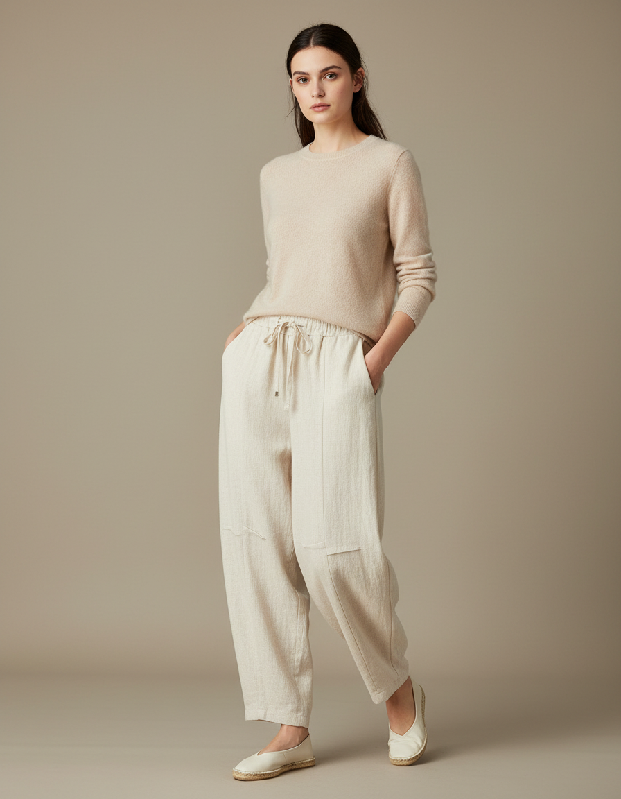 Pantalon Chinois Écru Ample Lin Coton Femme - Beige