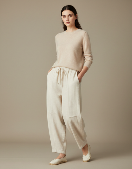 Pantalon Chinois Écru Ample Lin Coton Femme - Beige