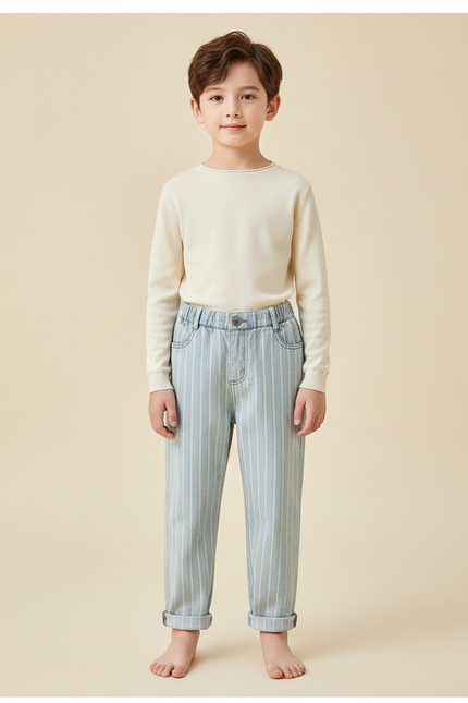Pantalon Chinois Rayé Bleu Ample Décontracté Enfant - Jean
