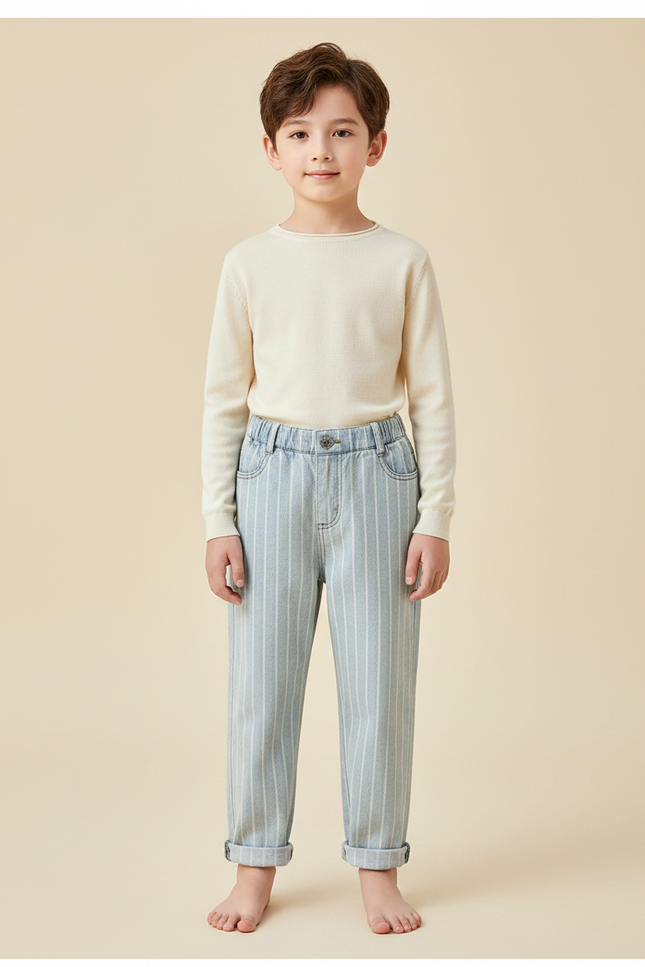 Pantalon Chinois Rayé Bleu Ample Décontracté Enfant - Jean