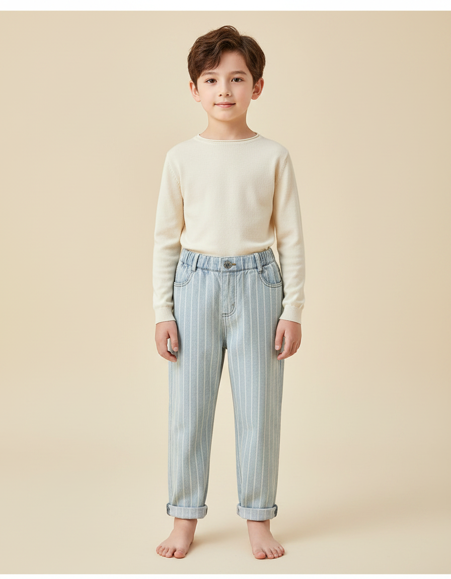 Pantalon Chinois Rayé Bleu Ample Décontracté Enfant - Jean