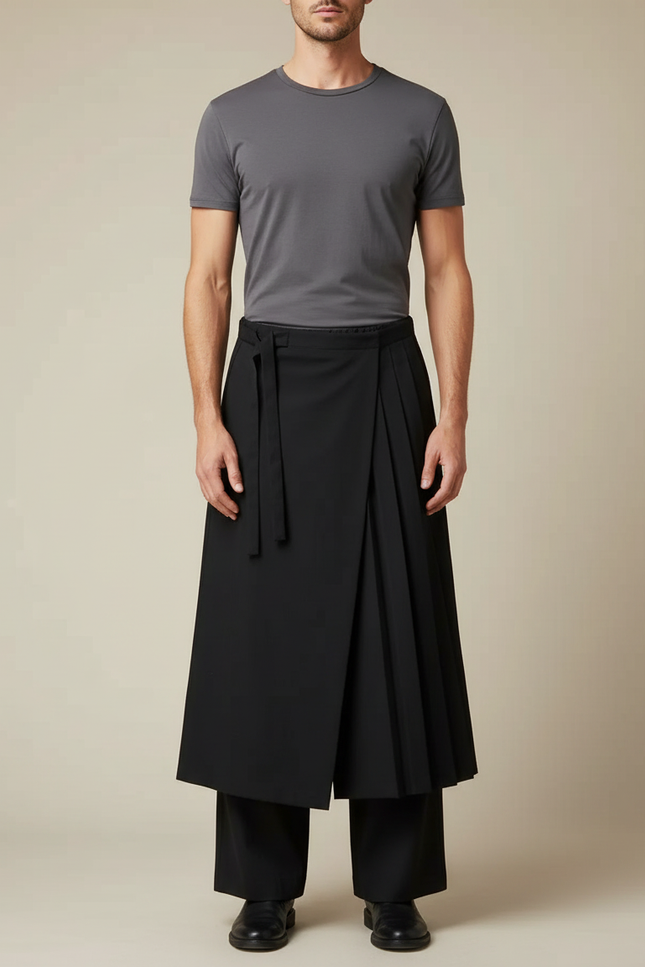 Pantalon Chinois Noir Plissé Ample Samurai Homme - Polyester