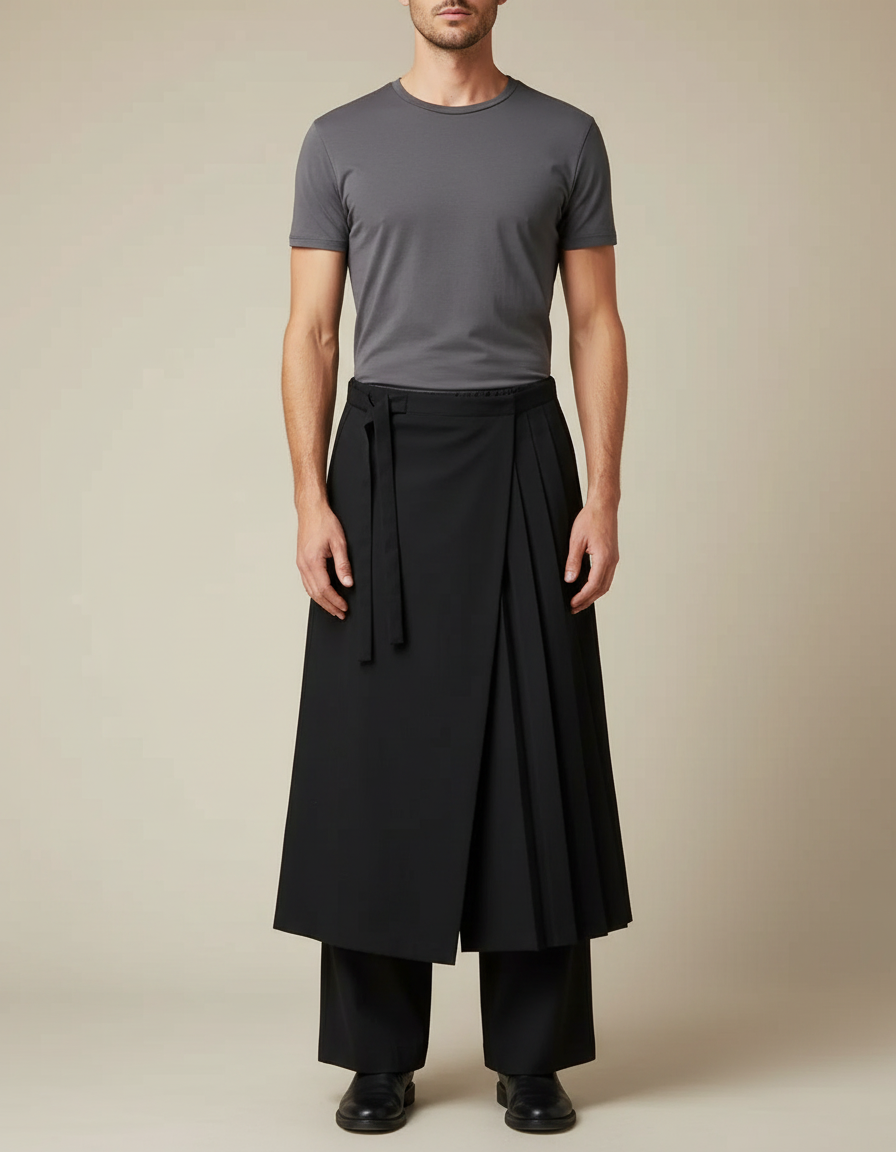 Pantalon Chinois Noir Plissé Ample Samurai Homme - Polyester