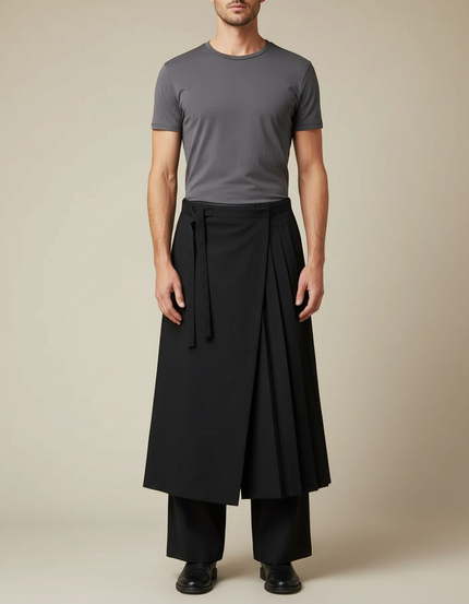 Pantalon Chinois Noir Plissé Ample Samurai Homme - Polyester