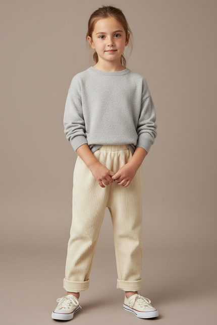 Pantalon Chinois Crème Côtelé Ample Enfant Décontracté - Beige Cordé
