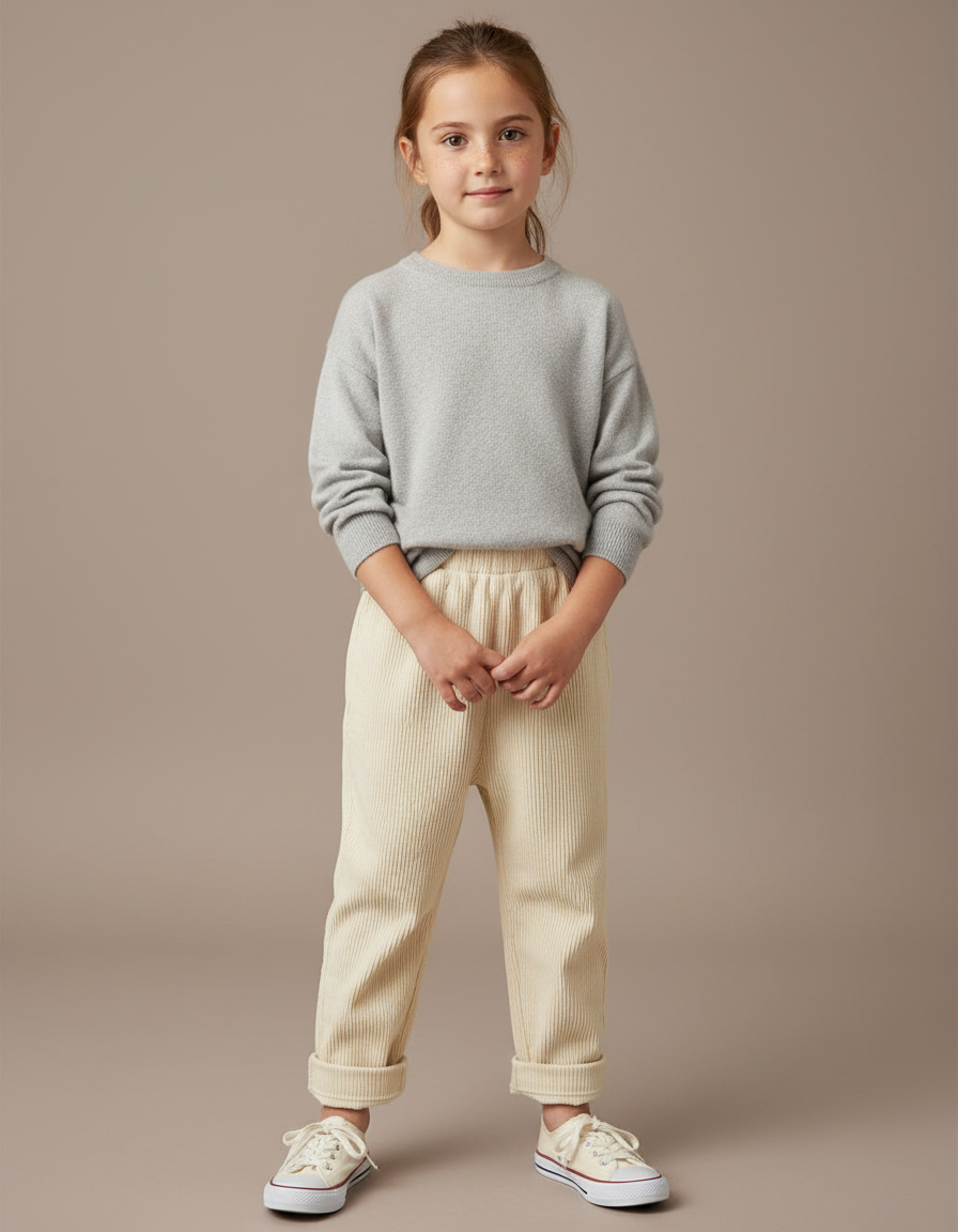 Pantalon Chinois Crème Côtelé Ample Enfant Décontracté - Beige Cordé