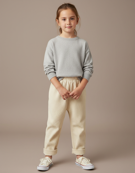 Pantalon Chinois Crème Côtelé Ample Enfant Décontracté - Beige Cordé