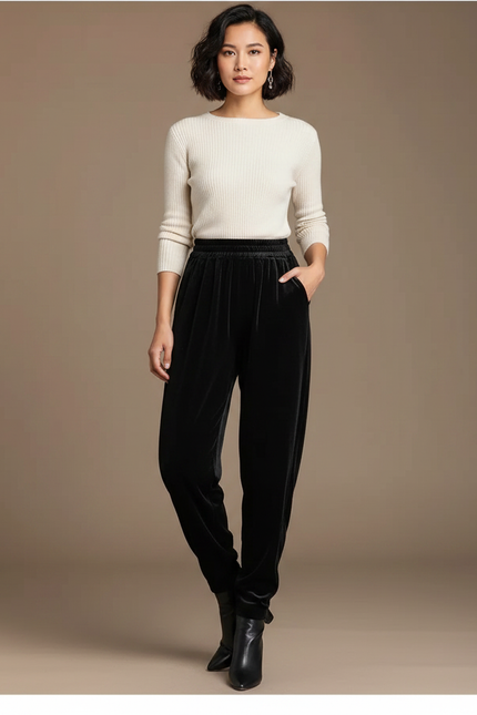 Pantalon Chinois Noir Velours Ample Décontracté Femme