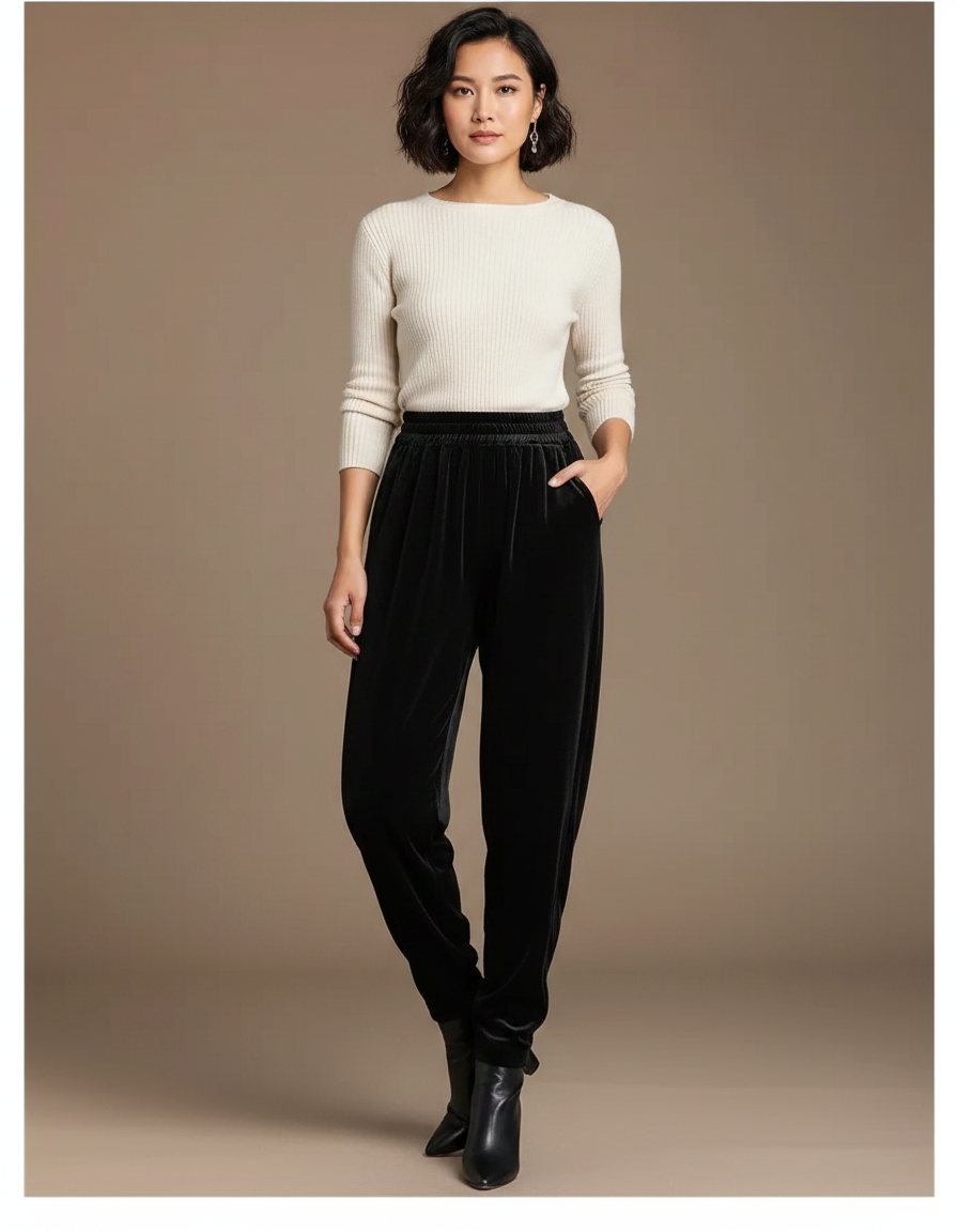 Pantalon Chinois Noir Velours Ample Décontracté Femme