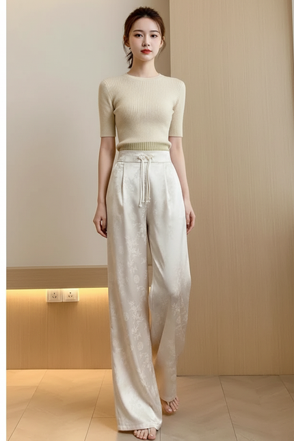 Pantalon Chinois Satin Jacquard Ample Écru Élégant - Beige