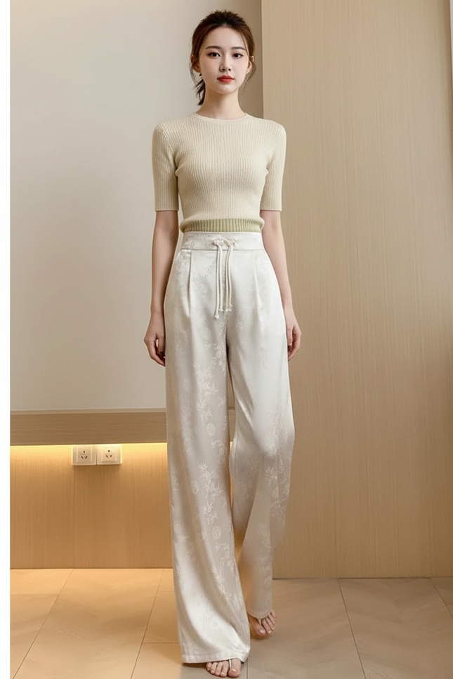 Pantalon Chinois Satin Jacquard Ample Écru Élégant - Beige