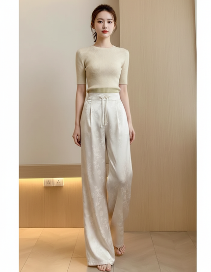 Pantalon Chinois Satin Jacquard Ample Écru Élégant - Beige