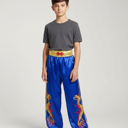 Pantalon Chinois Bleu Satiné Ample Brodé Dragon