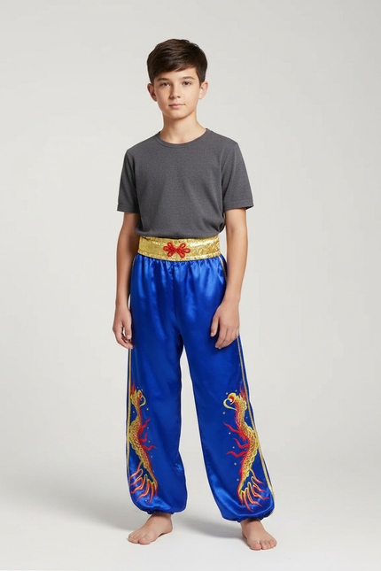 Pantalon Chinois Bleu Satiné Ample Brodé Dragon