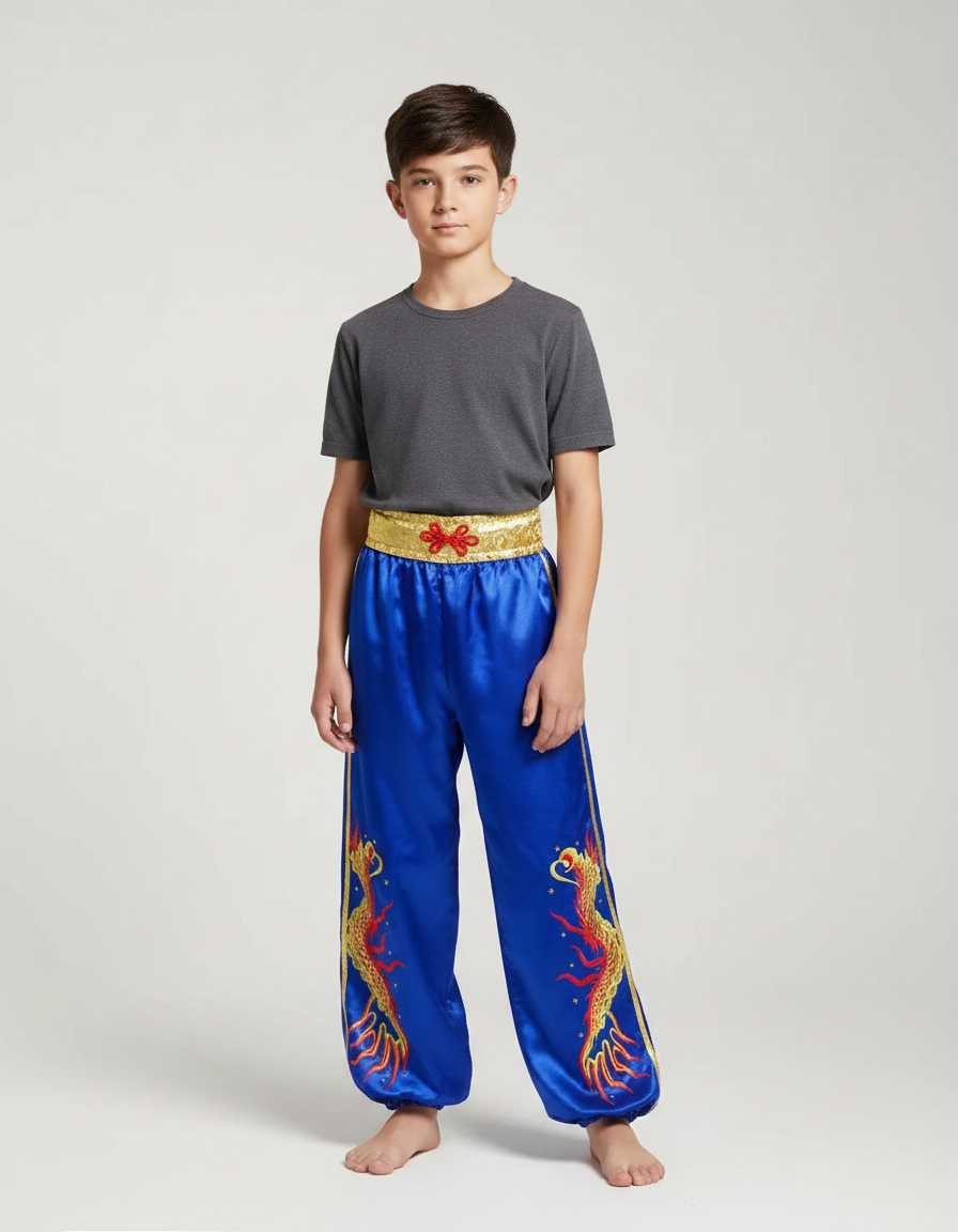 Pantalon Chinois Bleu Satiné Ample Brodé Dragon