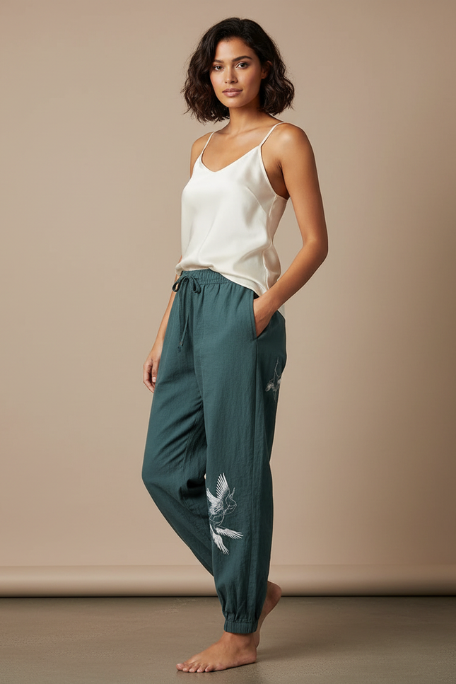 Pantalon Chinois Vert Canard Brodé Fluide Ample - Lin