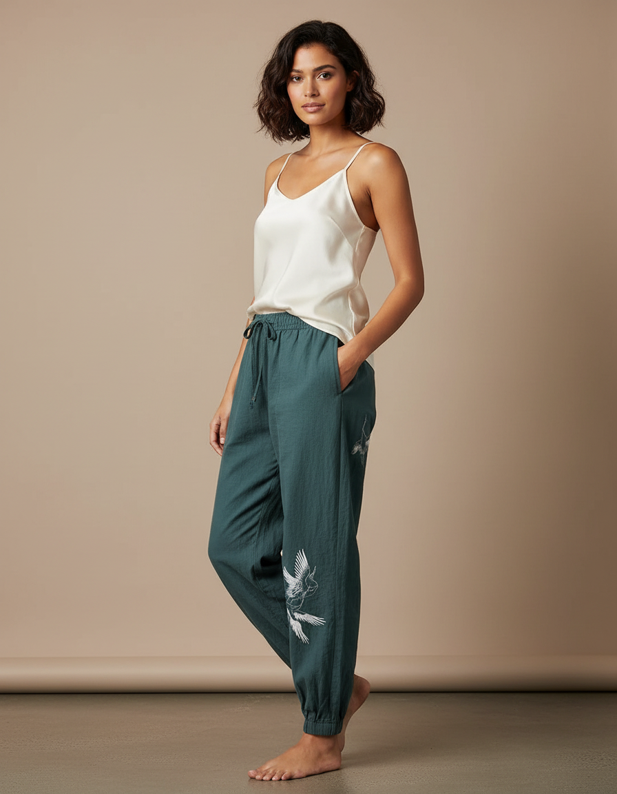 Pantalon Chinois Vert Canard Brodé Fluide Ample - Lin