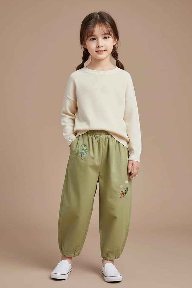 Pantalon Chinois Vert Brodé Ample Coton Enfant