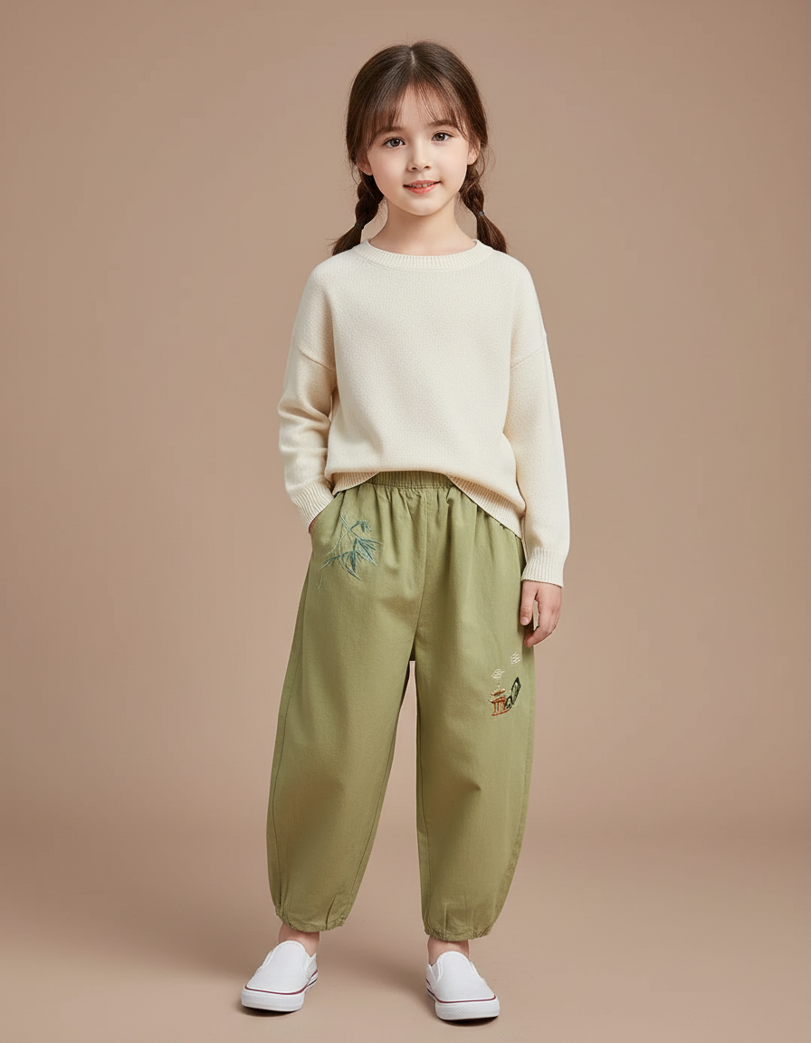 Pantalon Chinois Vert Brodé Ample Coton Enfant