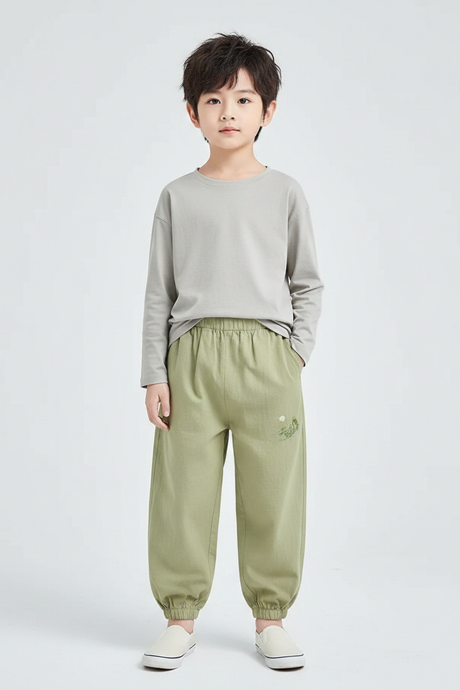 Pantalon Chinois Vert Clair Ample Coton Brodé Enfant