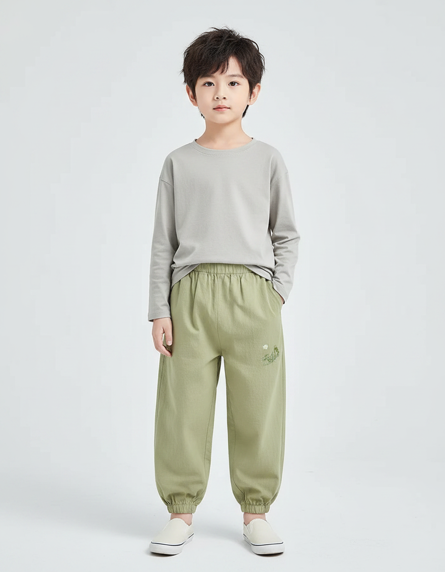 Pantalon Chinois Vert Clair Ample Coton Brodé Enfant