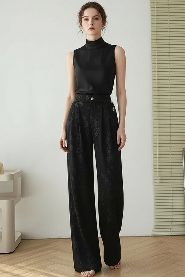 Pantalon Chinois Noir Satin Brodé Ample Élégant Femme