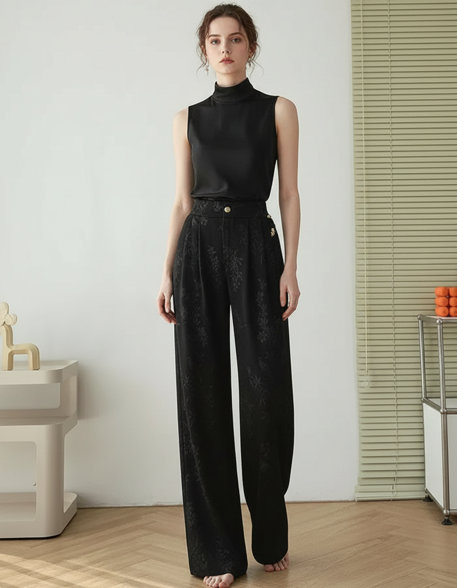 Pantalon Chinois Noir Satin Brodé Ample Élégant Femme