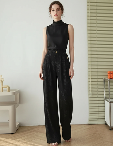 Pantalon Chinois Noir Satin Brodé Ample Élégant Femme
