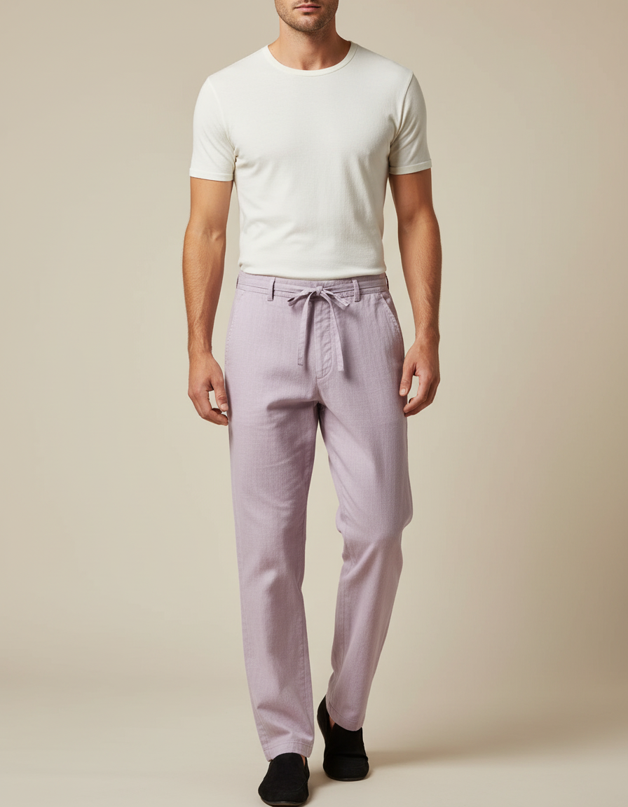 Pantalon Chinois Lilas Coton Lin Ample Confortable Homme - Violet