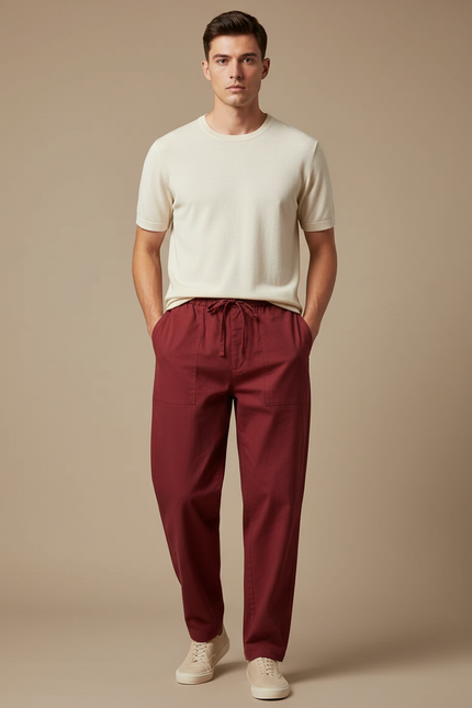 Pantalon Chinois Bordeaux Coton Ample Décontracté Homme
