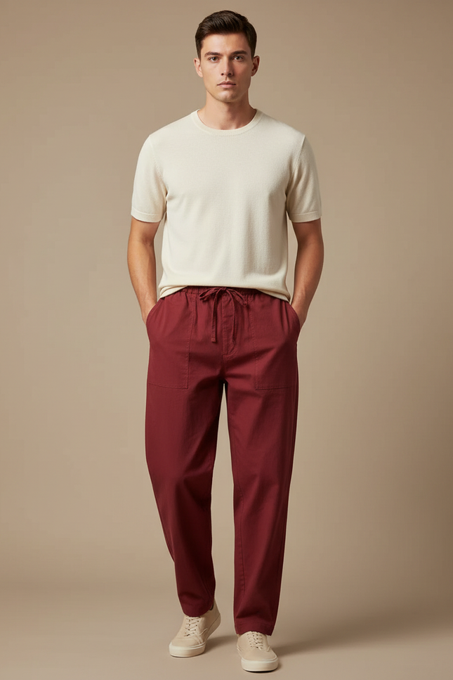 Pantalon Chinois Bordeaux Coton Ample Décontracté Homme