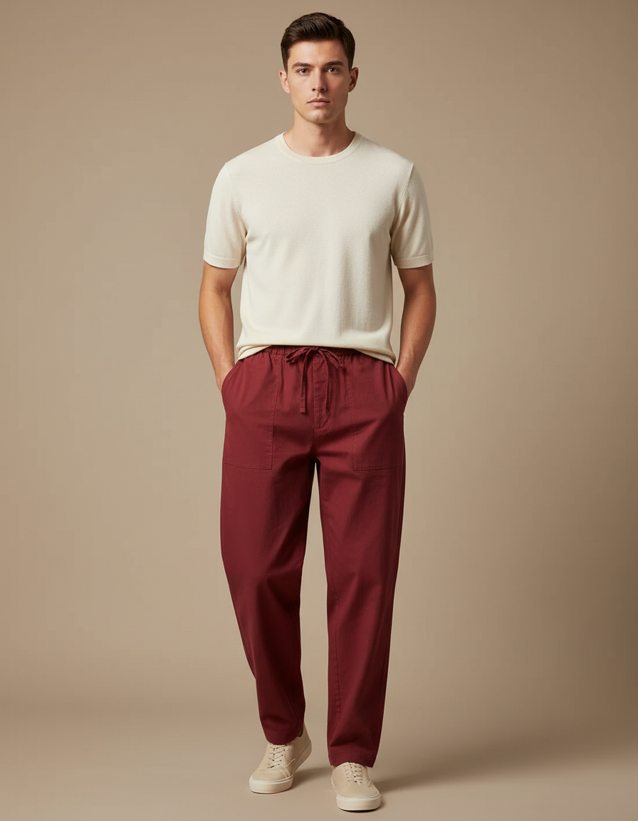 Pantalon Chinois Bordeaux Coton Ample Décontracté Homme
