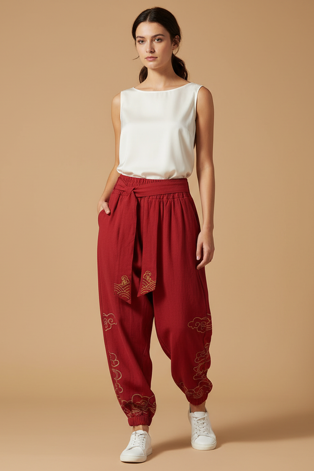 Pantalon Chinois Rouge Harem Fluide Brodé Coton