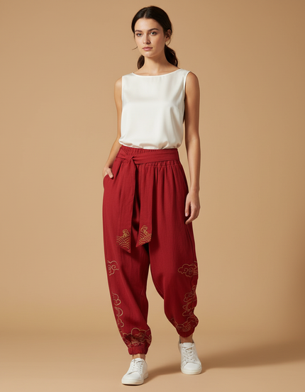 Pantalon Chinois Rouge Harem Fluide Brodé Coton