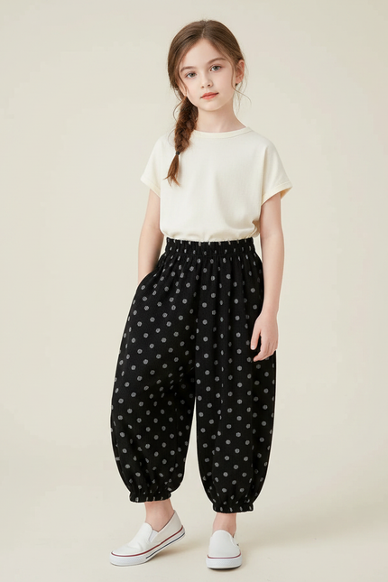 Pantalon Chinois Noir Côtelé Ample Pois Enfant - Cordé