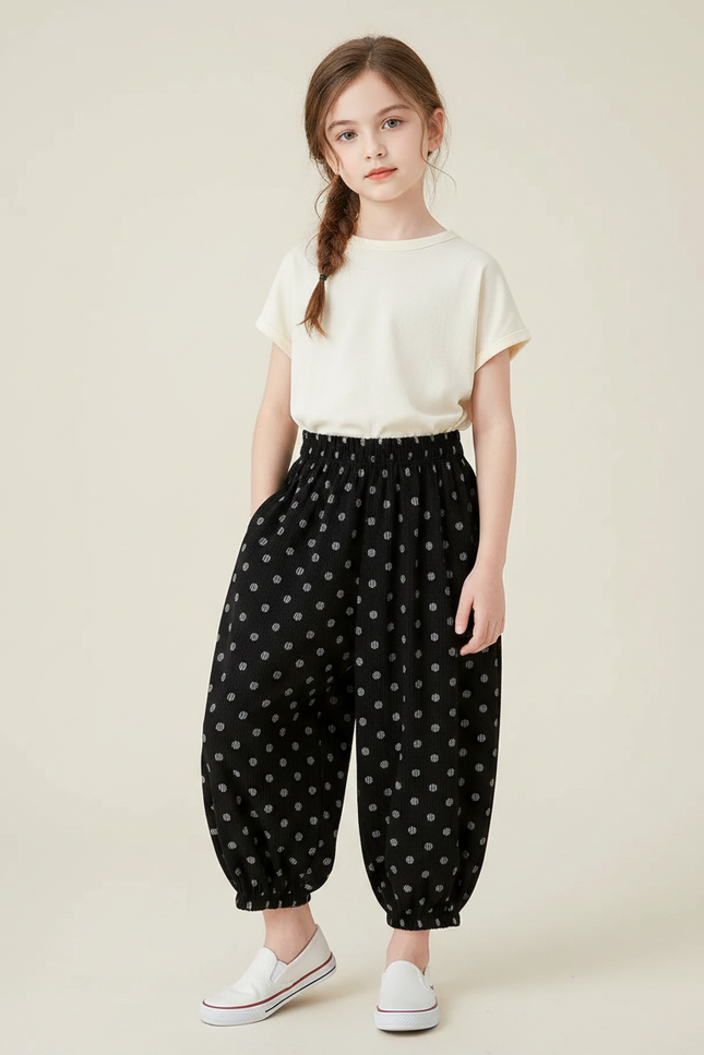 Pantalon Chinois Noir Côtelé Ample Pois Enfant - Cordé