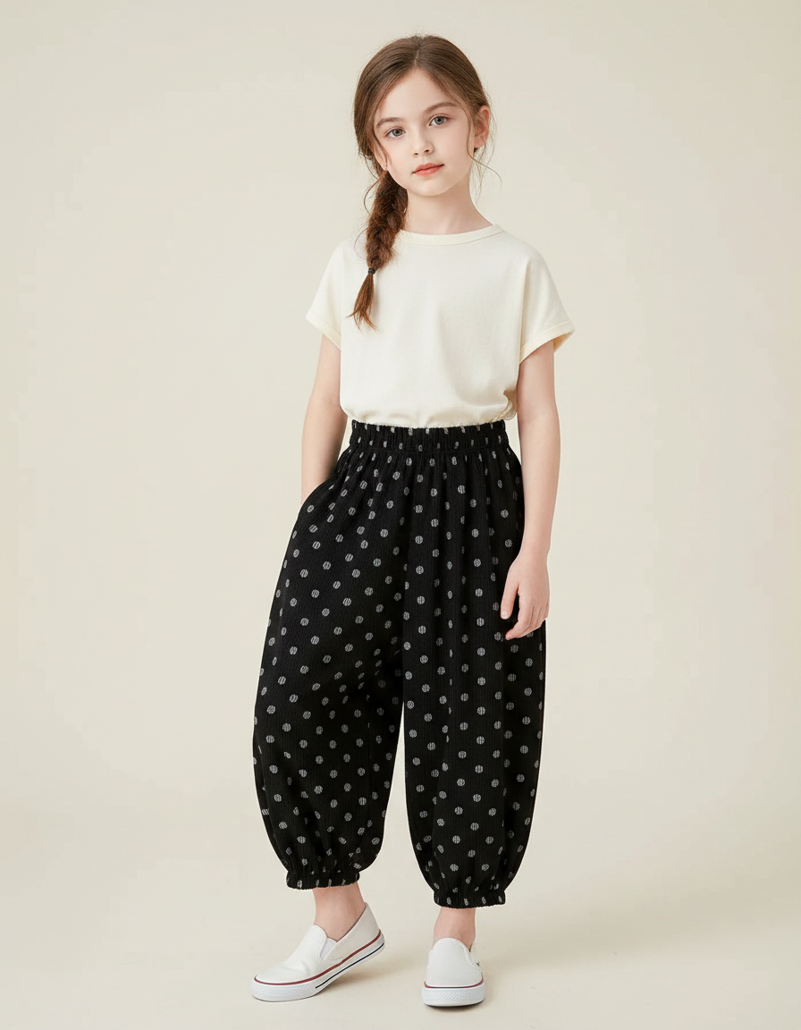Pantalon Chinois Noir Côtelé Ample Pois Enfant - Cordé