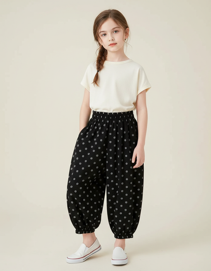 Pantalon Chinois Noir Côtelé Ample Pois Enfant - Cordé