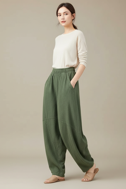Pantalon Chinois Vert Ample Lin Coton Harem Femme