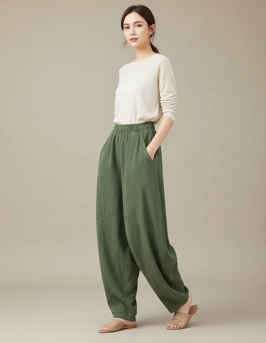 Pantalon Chinois Vert Ample Lin Coton Harem Femme